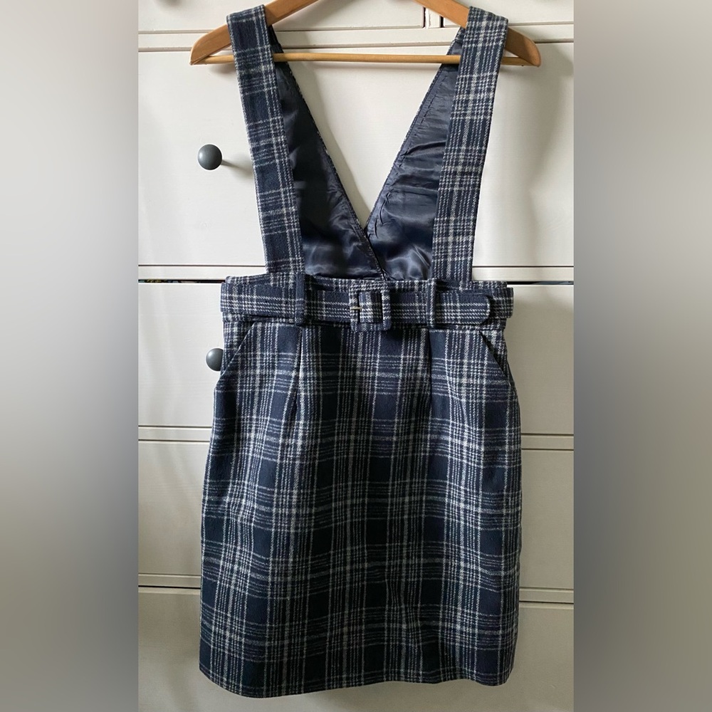 Pinafore Plaid Belted Size Medium Blue Pockets